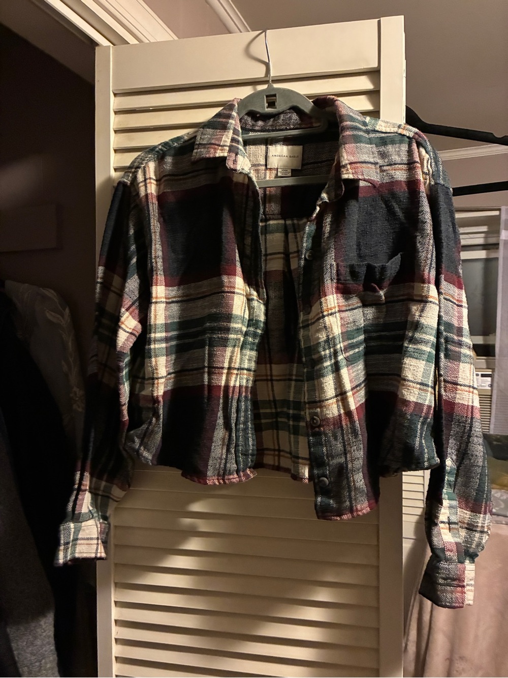 American Eagle Plaid Button-Up Shirt in Cream, Green & Burgundy